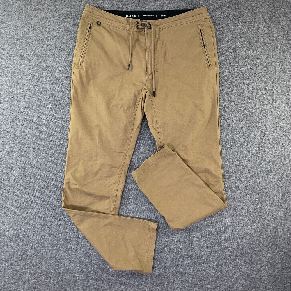 Roark Layover Traveler Pants Men 34x31 Brown Outdoor Every Day Travel Drawstring